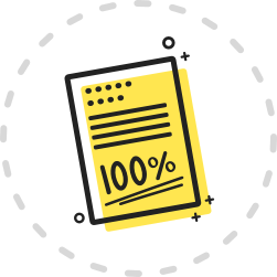 A yellow icon showing an exam paper with a 100 percent score.