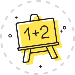 A yellow icon showing the sum one plus two on a chalk board.